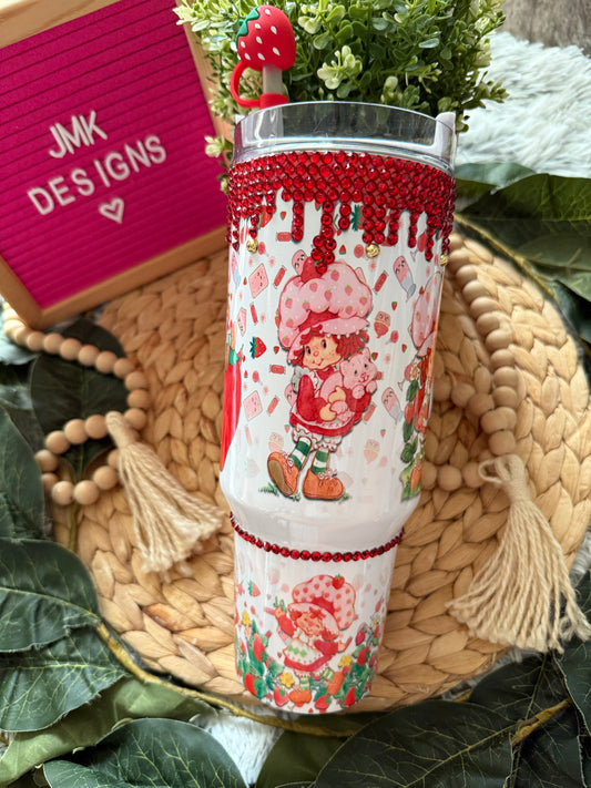 40oz Strawberry-Inspired Rhinestone Tumbler with Handle & Straw Topper 🍓