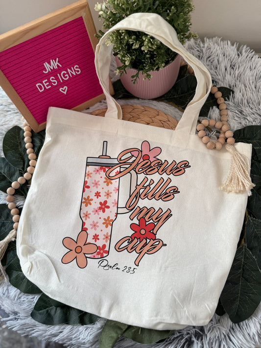 Jesus Fills My Cup” Scripture Tote Bag Cream Canvas 💞