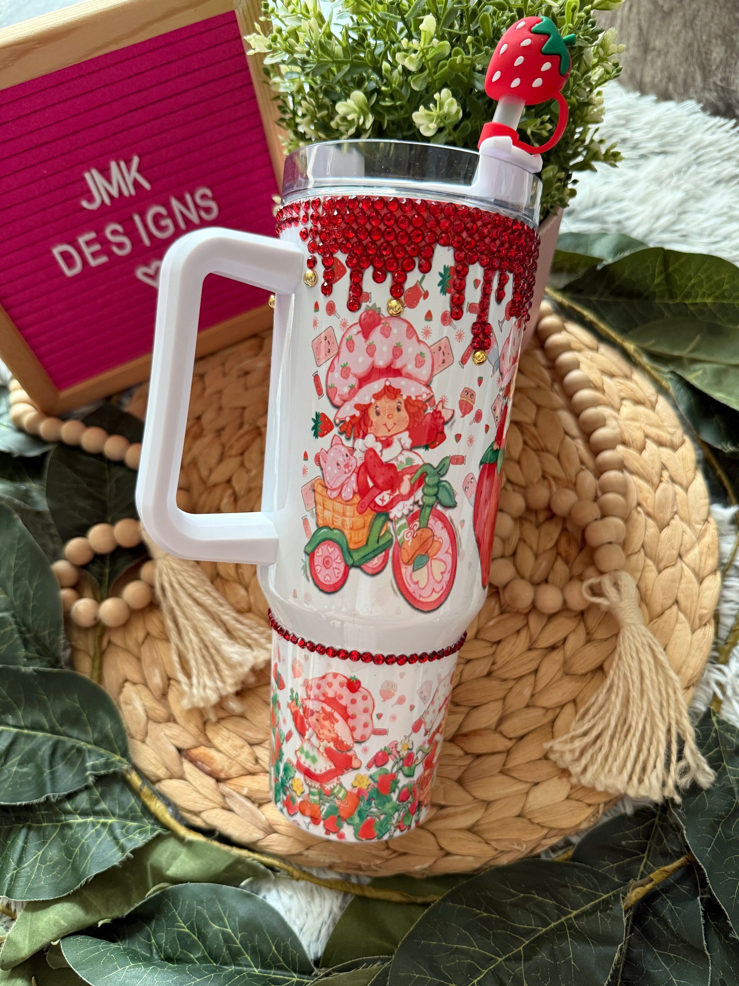 40oz Strawberry-Inspired Rhinestone Tumbler with Handle & Straw Topper 🍓