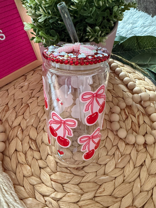 Cherry Bow Glass Cup 16oz with Rhinestone Lid & Glass Straw 🎀