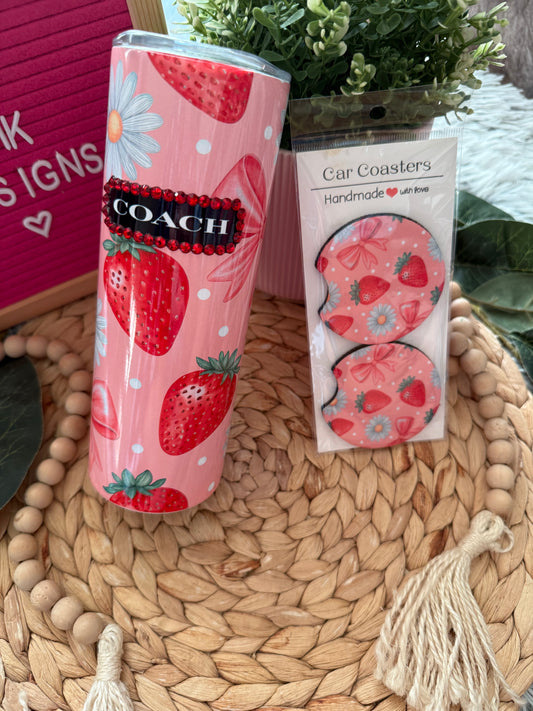 Custom strawberry 🍓 Cup & Coaster Gift Bundle  Handmade Tumbler + Matching Coaster