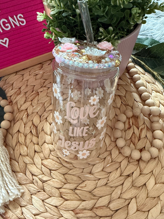 “Love like Jesus” Glass Tumbler with Straw 16oz Cup Christian Gift 🩷