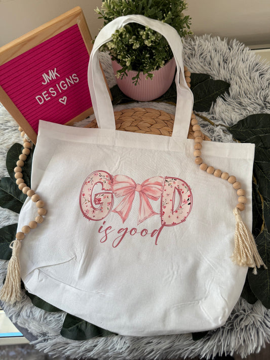 God is Good” Pink Floral Bow Tote Bag – Cream Canvas 🎀