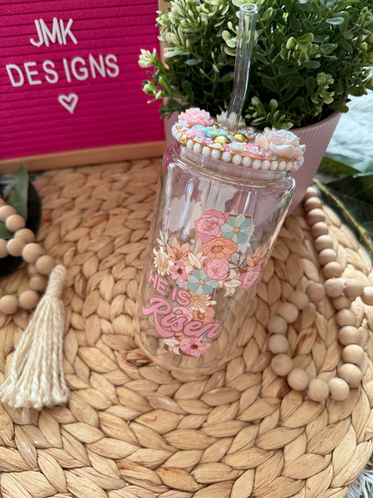 He Is Risen 16oz Glass Cup Christian Floral with Straw & Rhinestone Lid 🌸