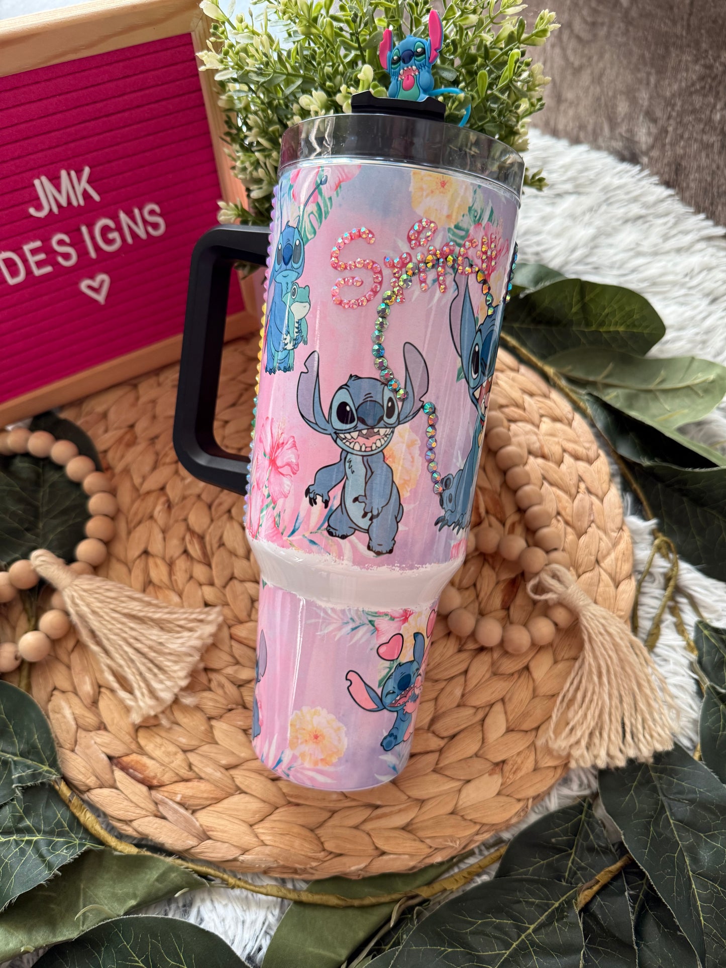 Blue Alien & Pink Friend Glitter Tumbler Cute Galaxy-Inspired Cup with Straw Topper 💙
